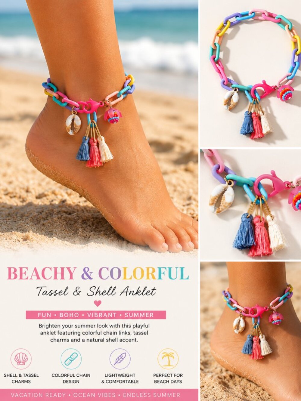 Boho Colorful Chain Anklet with Tassels Shell Charm Beach Vacation Jewelry